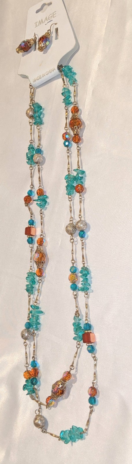 Vintage Bohemian Ethnic Long Necklace and Earrings Set AB Glass Beads Gold Tone