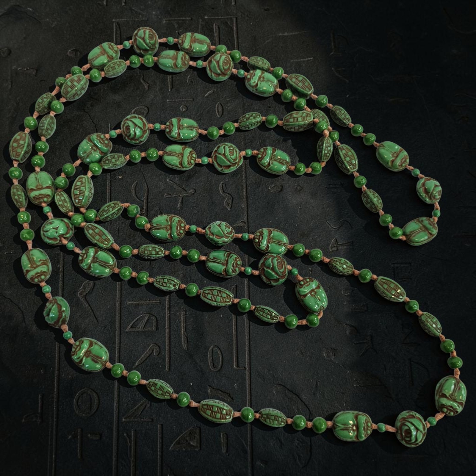 Antique Neiger Brothers 1920s Art Deco Egyptian Revival Czech Scarab Necklace