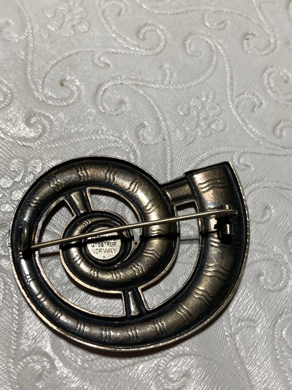 J Tostrup Sterling Guilloche Bright White Enamel Modernist Spiral Brooch/Pin VTG