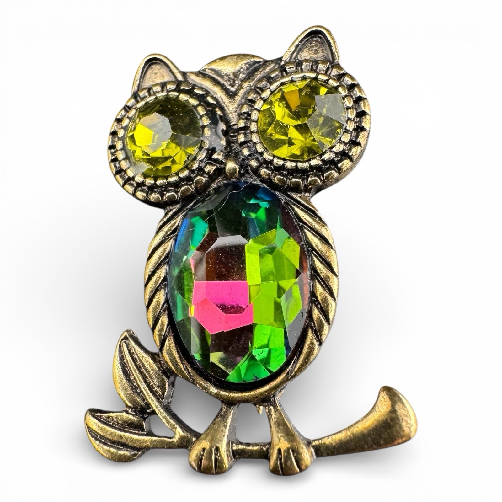 Vintage Gold Tone And Rainbow Colored Faceted Rhinestone Owl On Branch Brooch