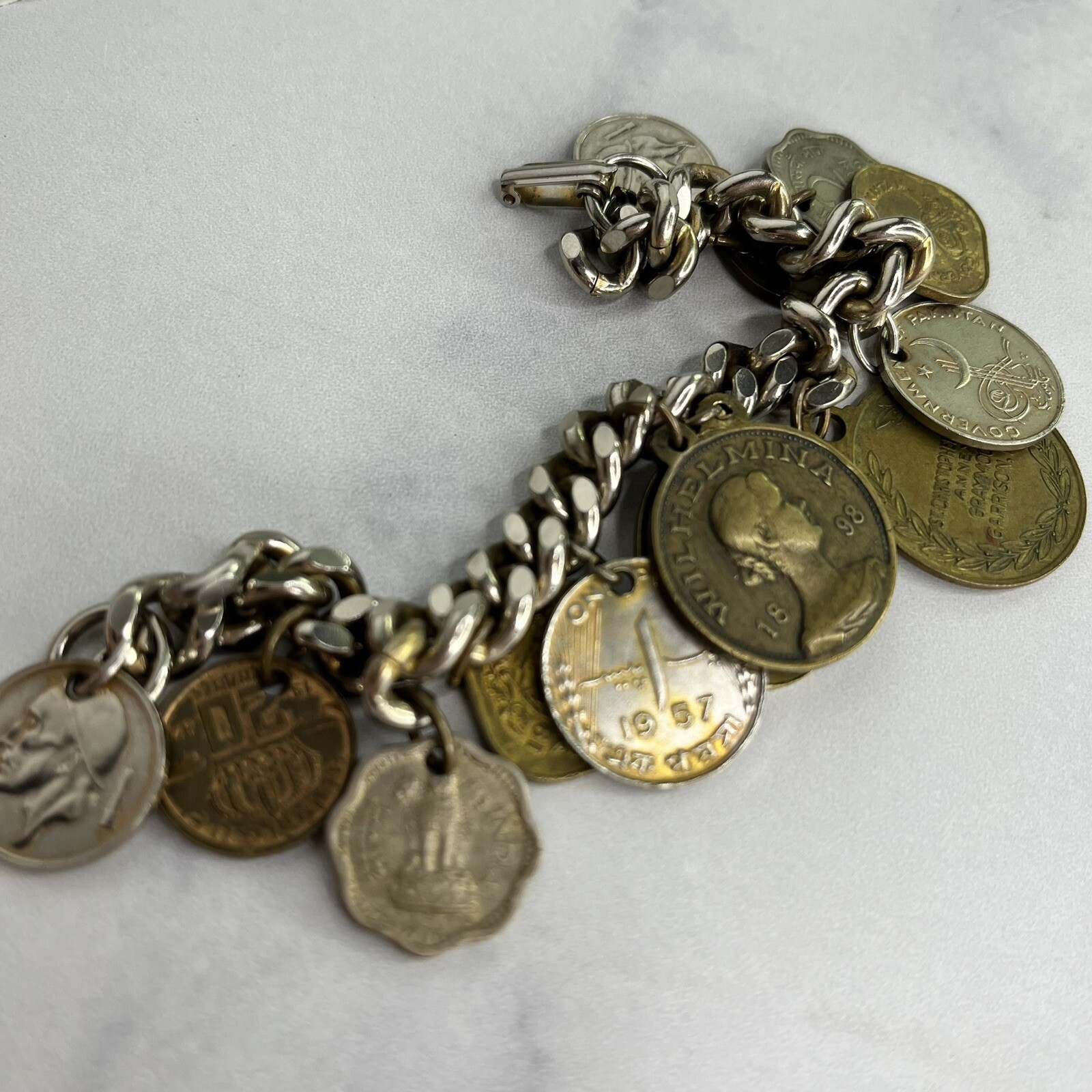 Vintage 13 Coin Charm Bracelet Belgium, India, Pakistan 1957 1959 1955 7”