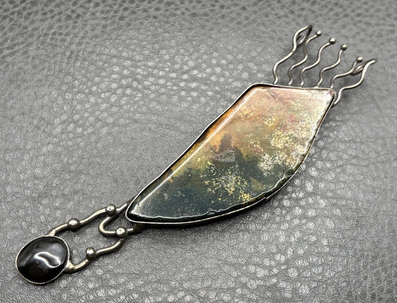 Artisan Brutalist Massive 5.5″ Silver Tone Modernist Stone Pendant Brooch