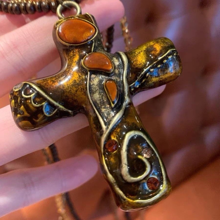 Vintage Retro Gothic Bohemian Cross Pendant Multi-Layered Beaded Chain Necklace
