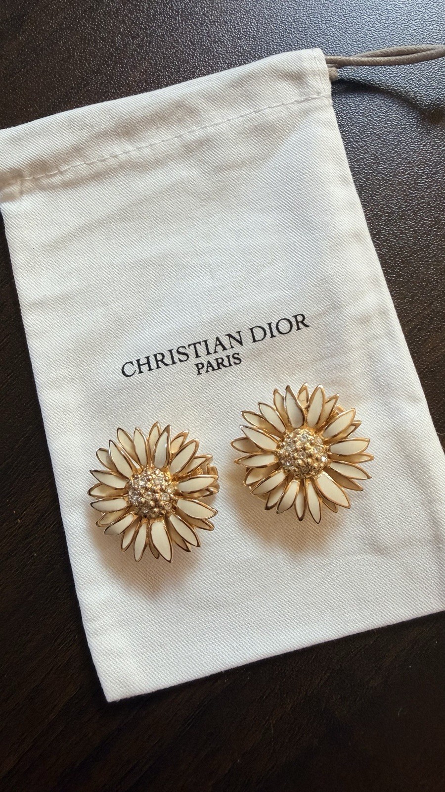Vintage Christian Dior Enamel Daisy Clip Earrings Gold Tone