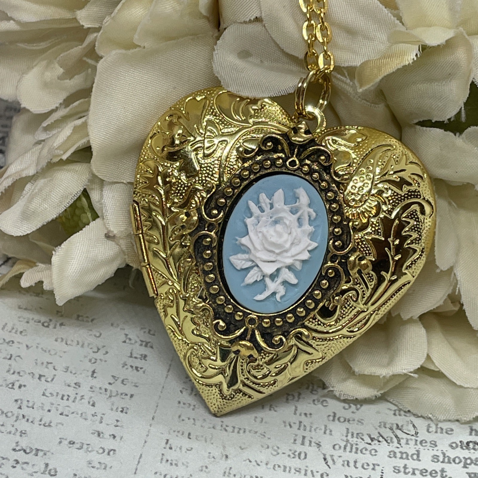 Gold Heart Locket Photo Birthday Anniversary Wedding Blue Rose Cameo Necklace
