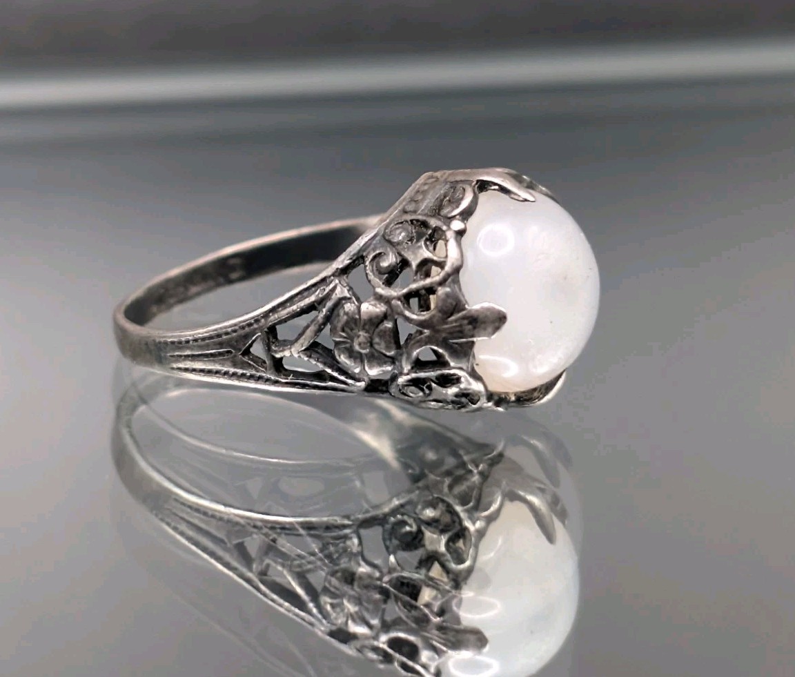 (4) MAGICAL MOONLIGHT! Antique Arts & Crafts Ring STERLING Silver Opaline Glass