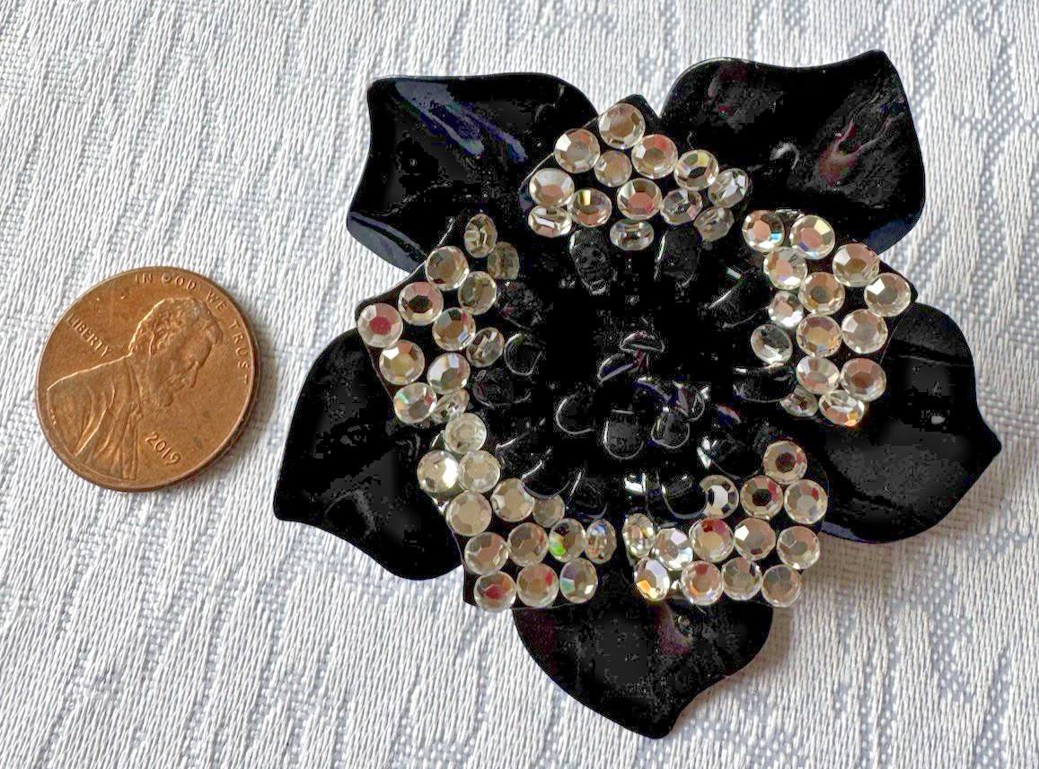 Vintage Black Enamel Flower Brooch Rhinestone Floral Statement Pin Costume Jewel