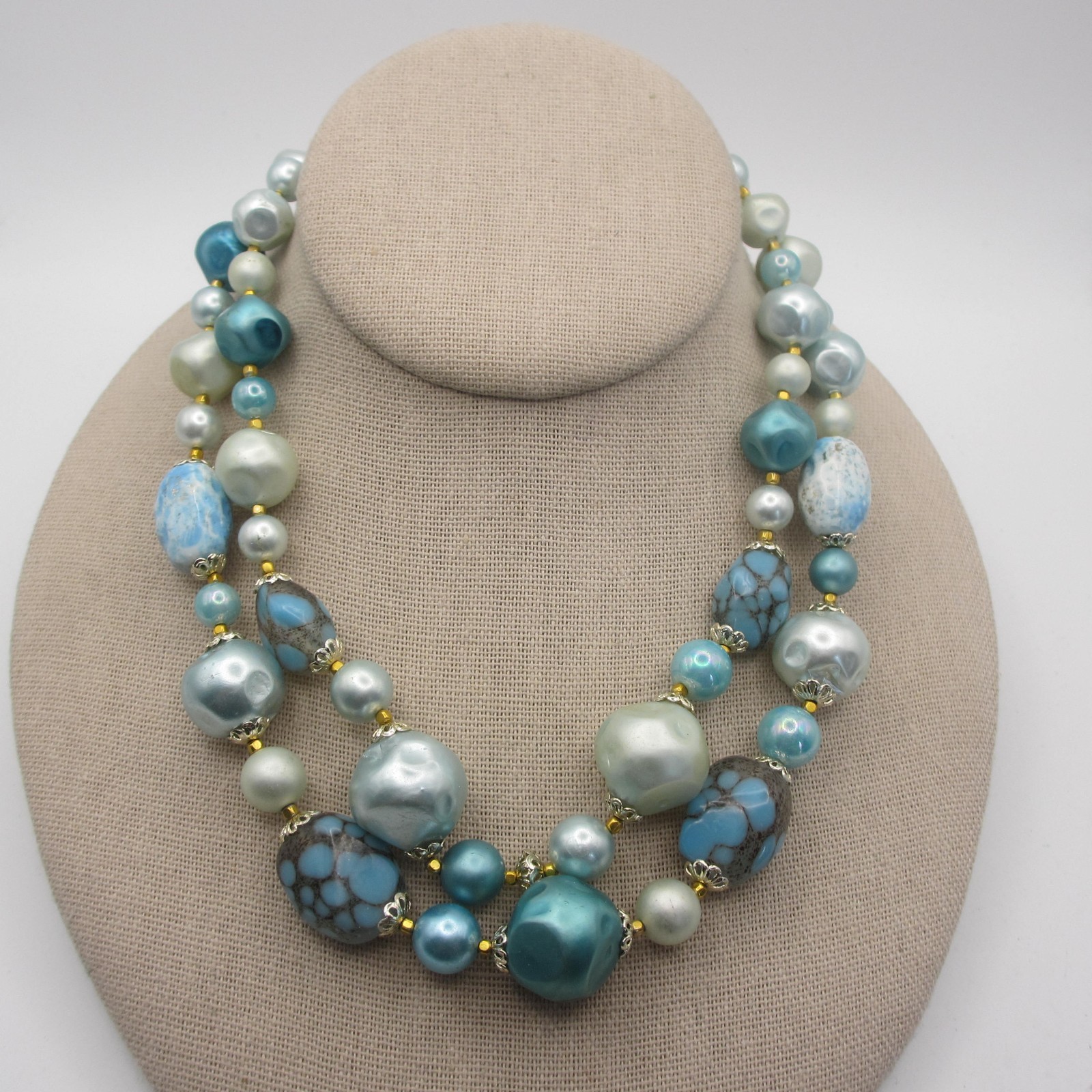 Vintage Beaded Necklace Blue Layered Japan 16 inch