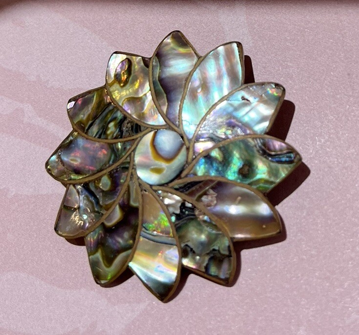 Vintage Brass JNS Taxco Mexico Sterling Silver Abalone Flower Brooch Pin Pendant