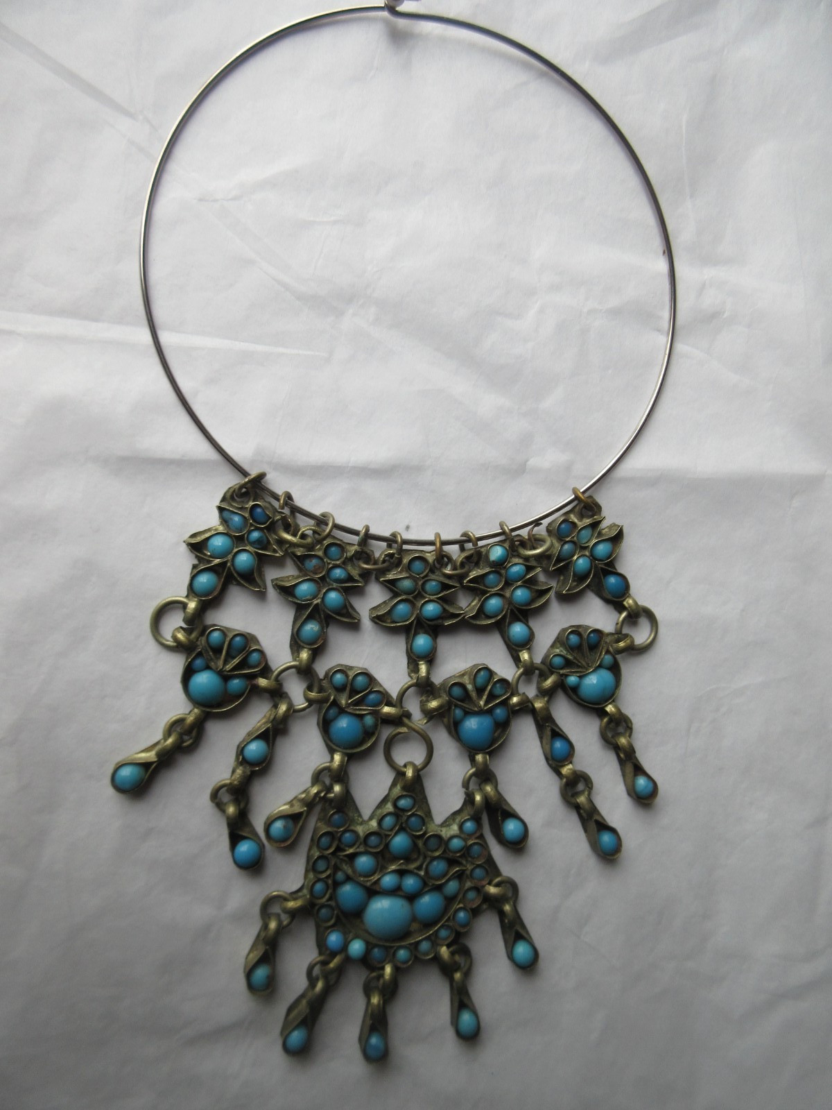 Tribal Choker BIB Style Turquoise glass stones Dangles Brass on Silver Necklace