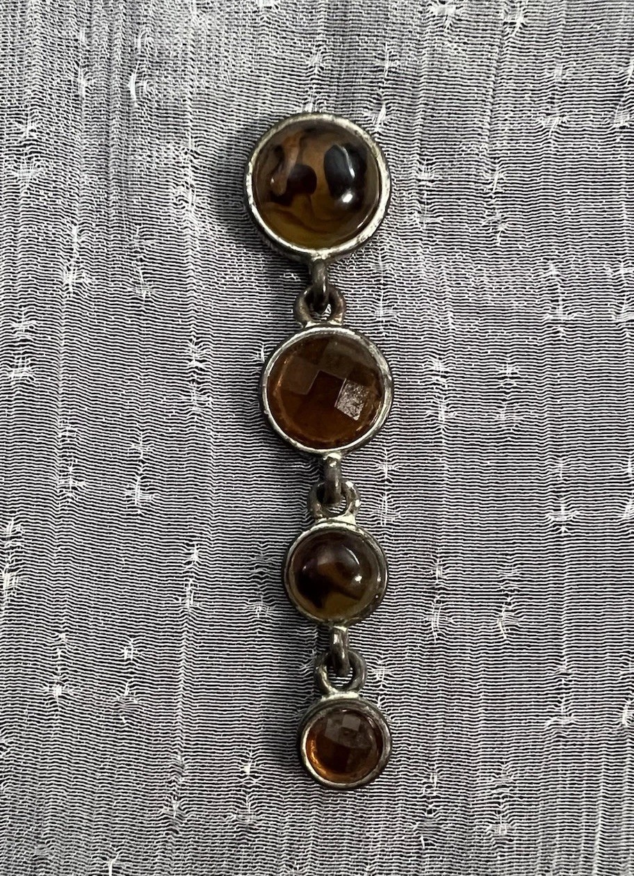 Vintage Silver Tone Dangle Drop Earrings l Round Brown Stones l 2in l 4 Gems