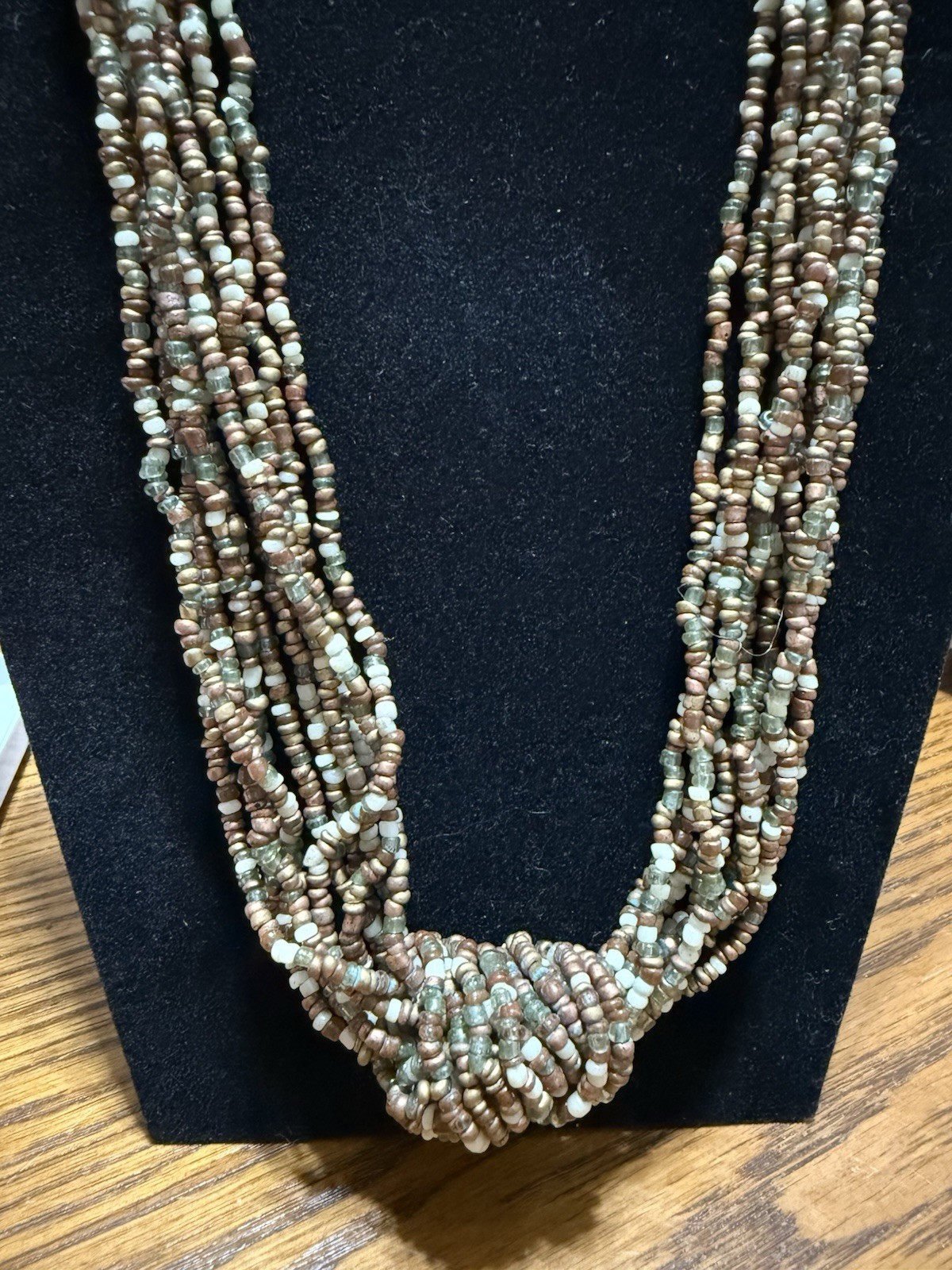 Vintage Multi Strand Seed Bead Necklace Boho Knotted Brown Green Multicolor