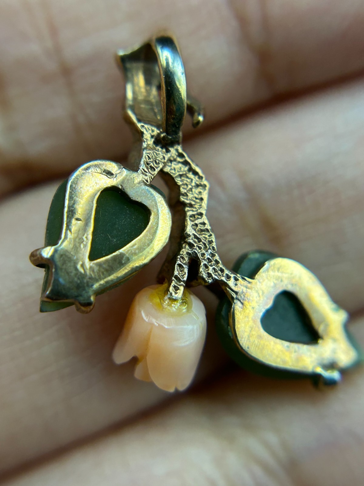 Vintage Japanese Carved Coral Rose Pendant Green Jade Leaves Gold Tone Charm