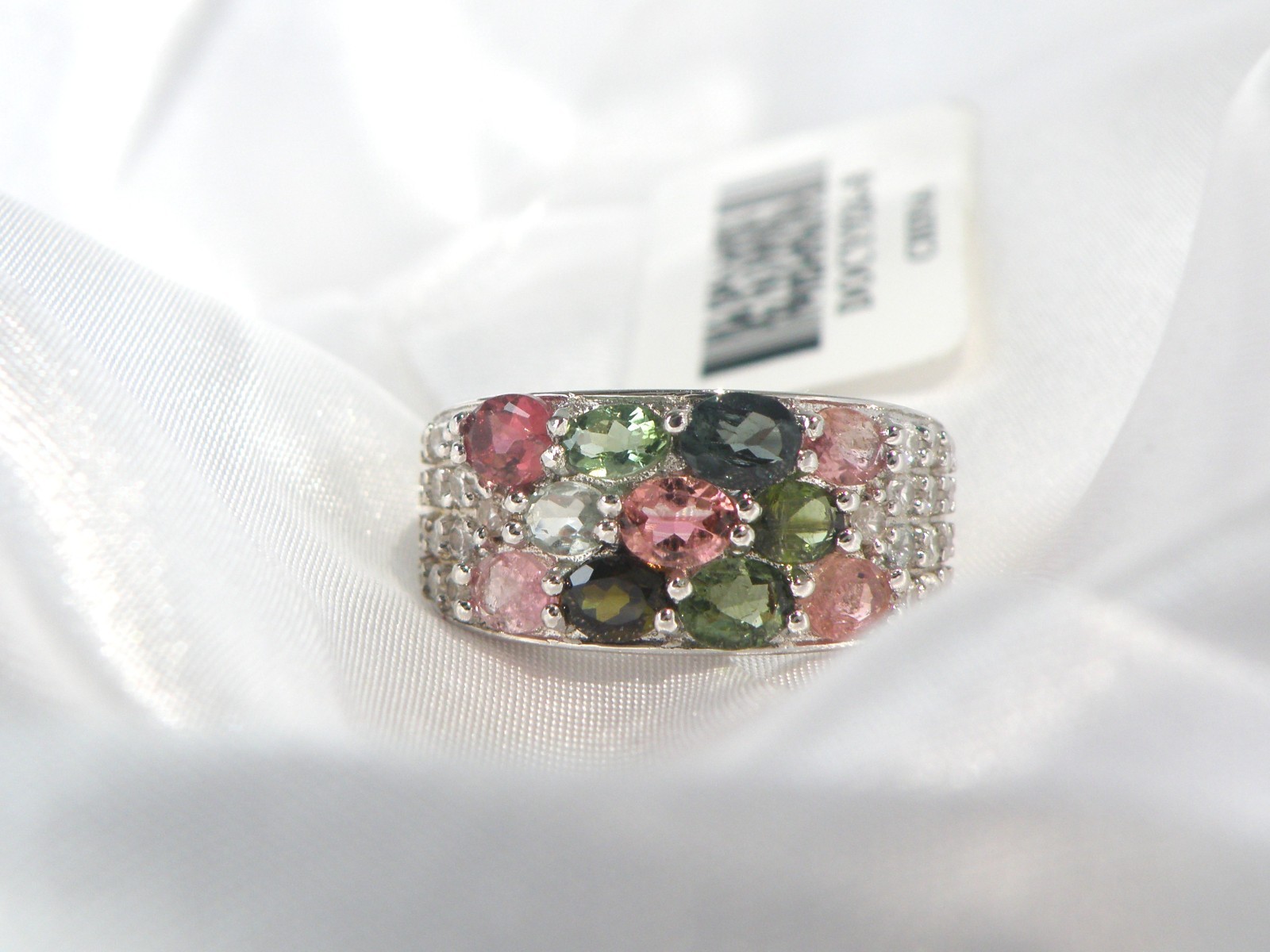 Sterling Silver 925 Multi Row Natural Tourmaline Ring Size 8