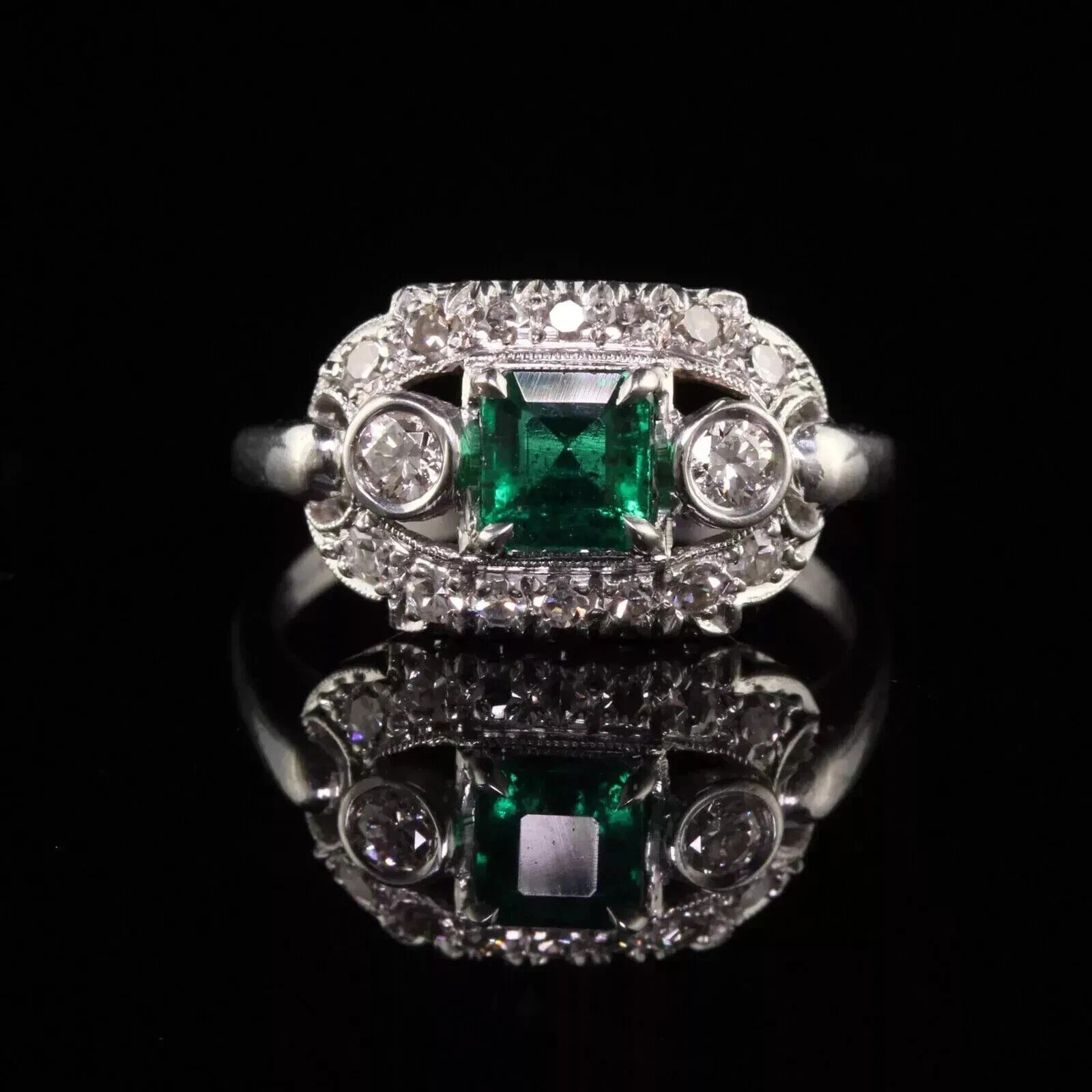 3.10Ct Art Deco Style Lab Created Emerald Anniversary 14K White Gold Finish Ring