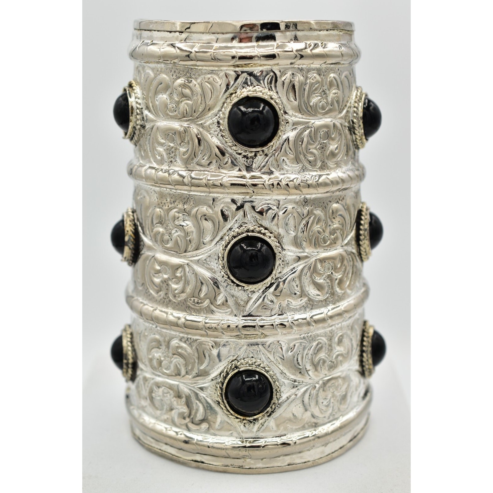 Vintage Wide Cuff Bracelet Black Cabochon Boho Heavy Chunky Tribal 1970s Bin4