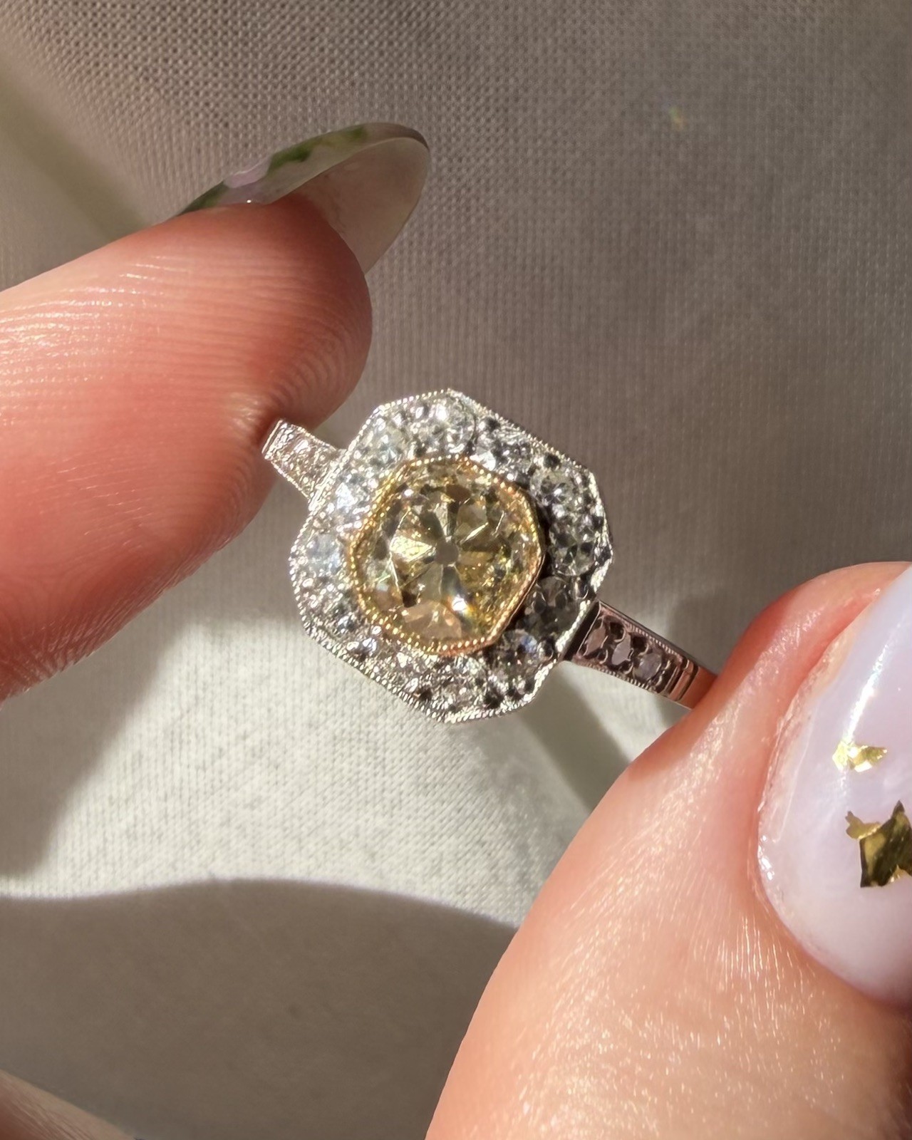 Art Deco-Inspired Platinum Fancy Light Yellowish-Brown Old Mine Cut Ring