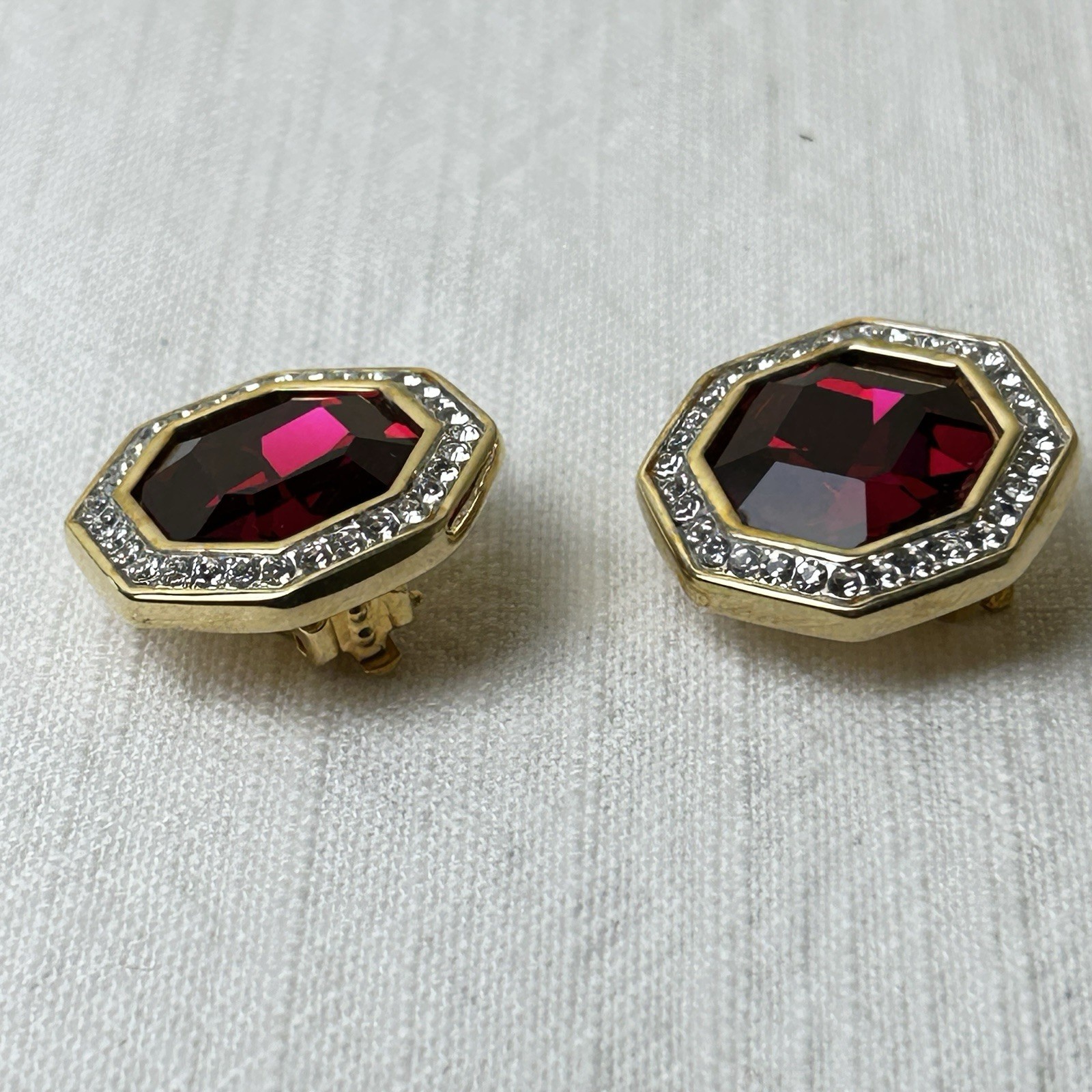 Swarovski Large Clip On Earrings Ruby Red Clear Crystal Gold Tone Octagon S.A.L.