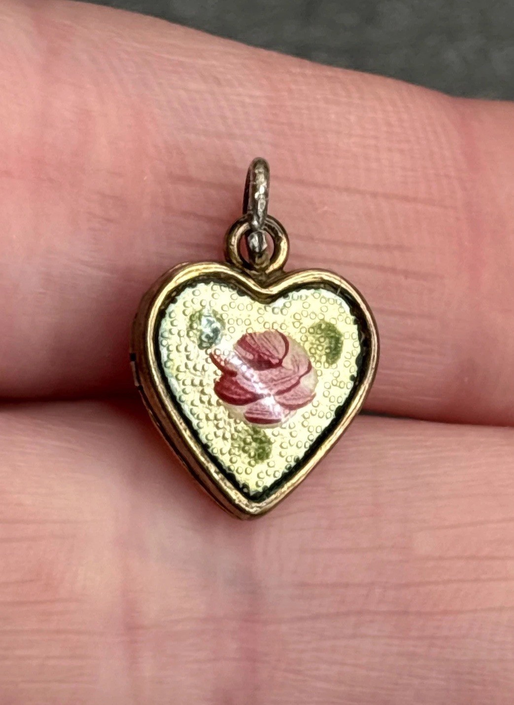 Vintage Rose Floral Guilloche Enamel Photo Dainty Locket Heart Charm Pendant