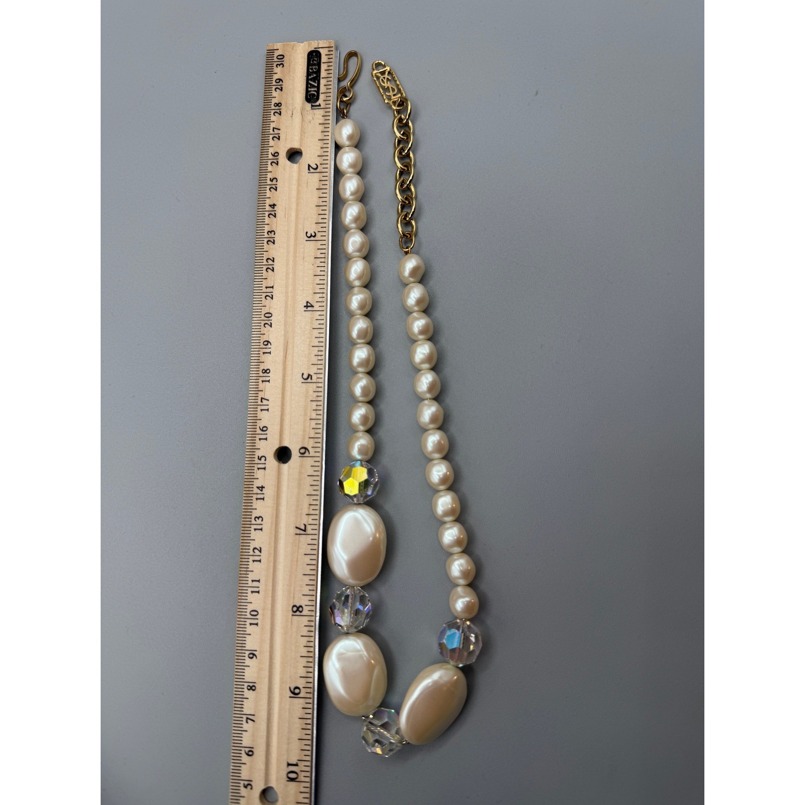 Vintage YSL Yves Saint Laurent Faux Pearl and Crystal Statement Necklace #1049