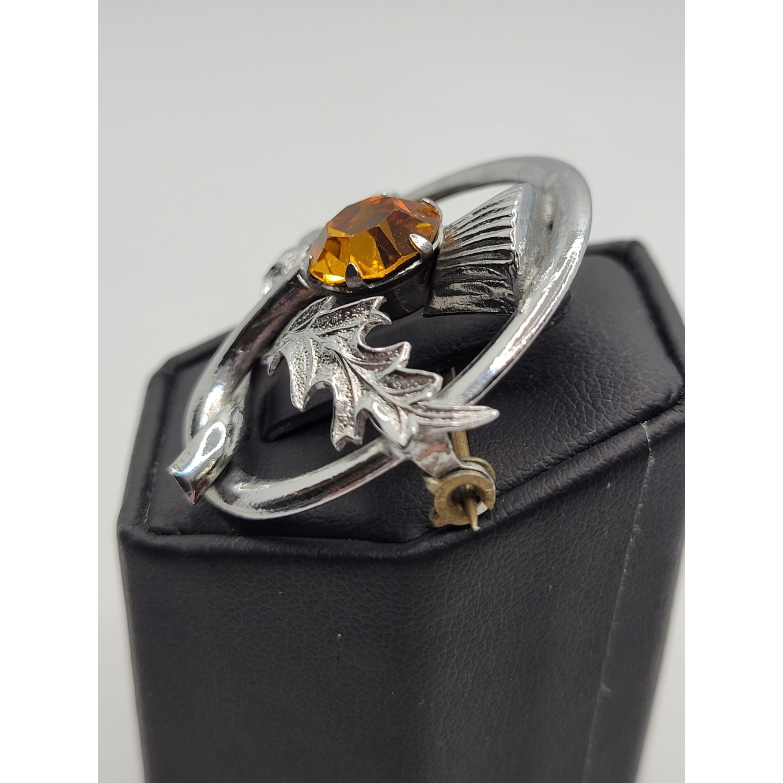Scottish Thistle Brooch Kilt Shawl Pin Silvertone Orange Rhinestone Vintage
