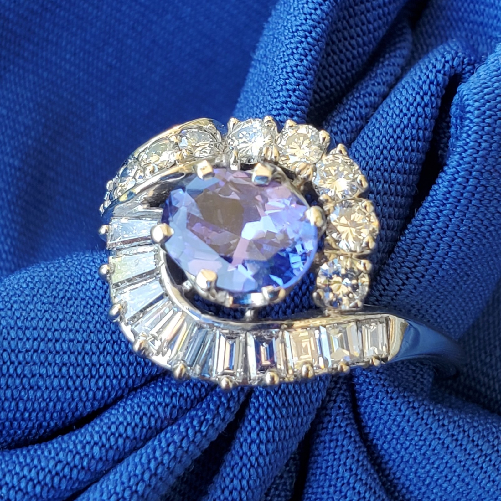 Original EARTH MINED TANZANITE DIAMOND DECO Engagement Ring Solitaire 14K GOLD 7