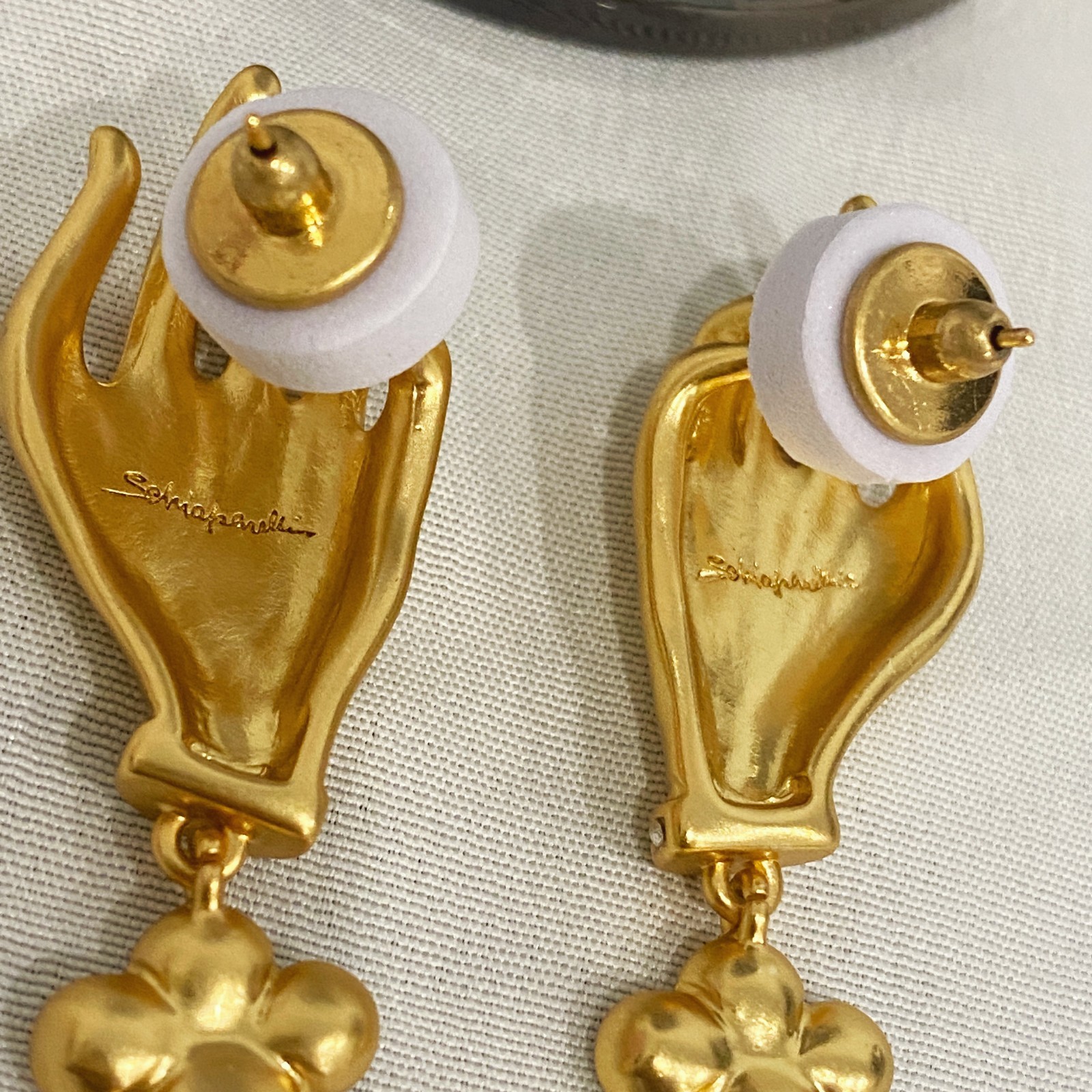Schiaparelli Gold Hand Crystal Drop Stud Earrings