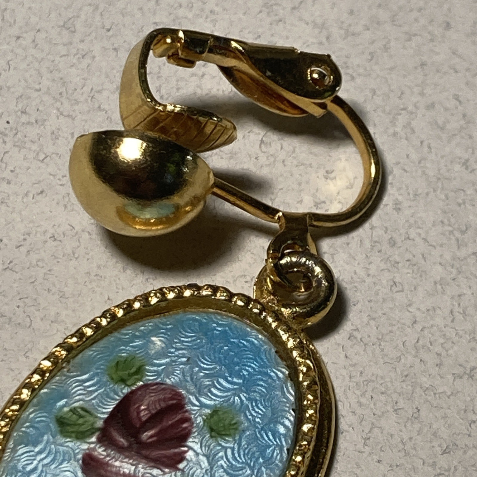 OOAK Hand-Painted clip on Rose Floral Earrings Gold Tone Framed oval 1.55″ O