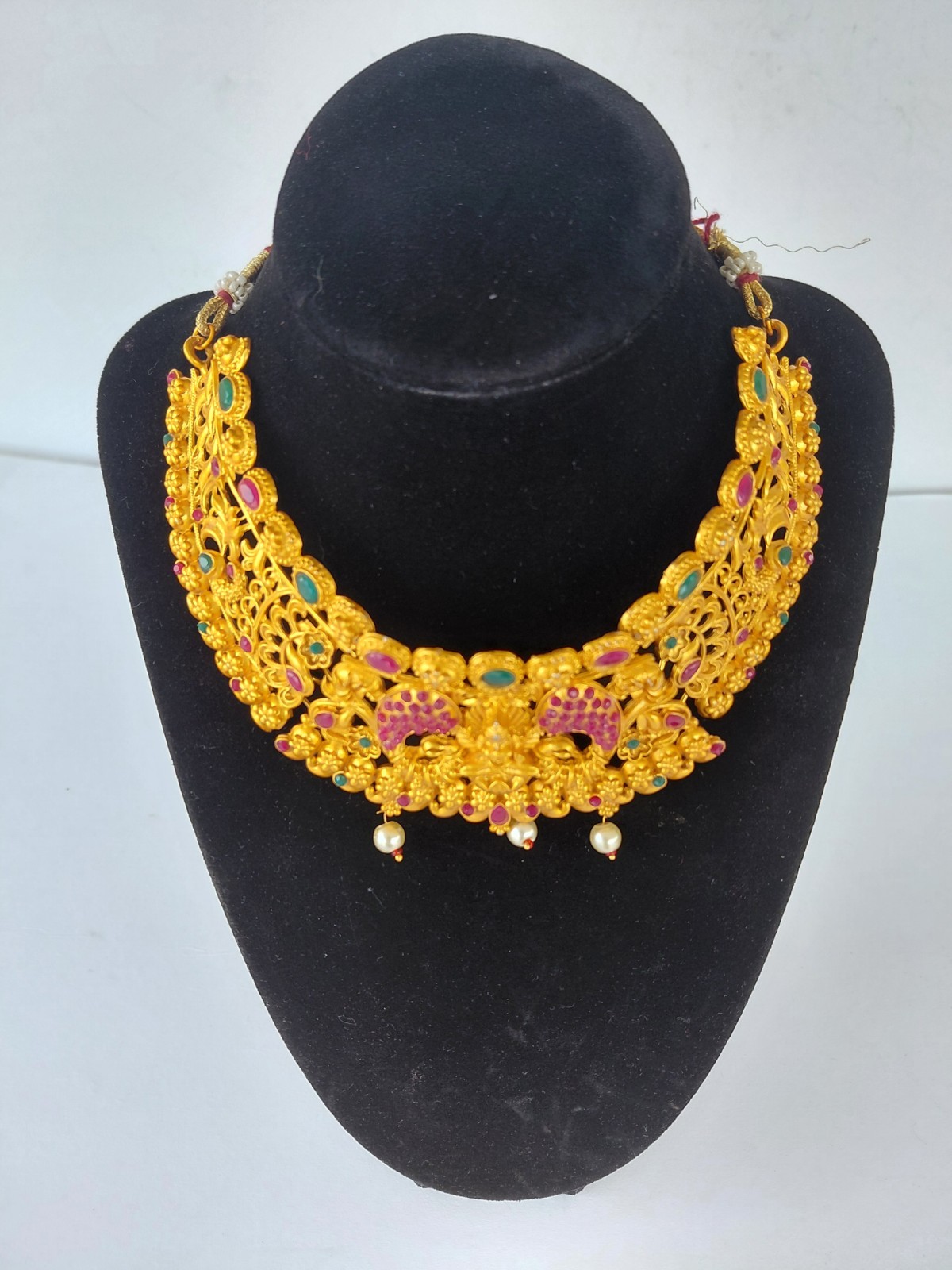 Vintage Necklace Indian Kundan Bridal Gold Tone Multicolor Stones Pearls Choker