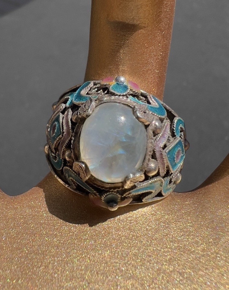 Vintage Chinese Export Sterling Silver Enamel Moonstone Ring Size 8 Marked S925