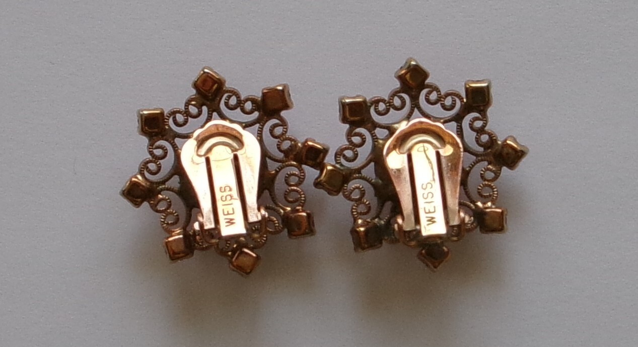 Vintage Weiss Signed Earrings Cip On Pink Rhinestone Filigree