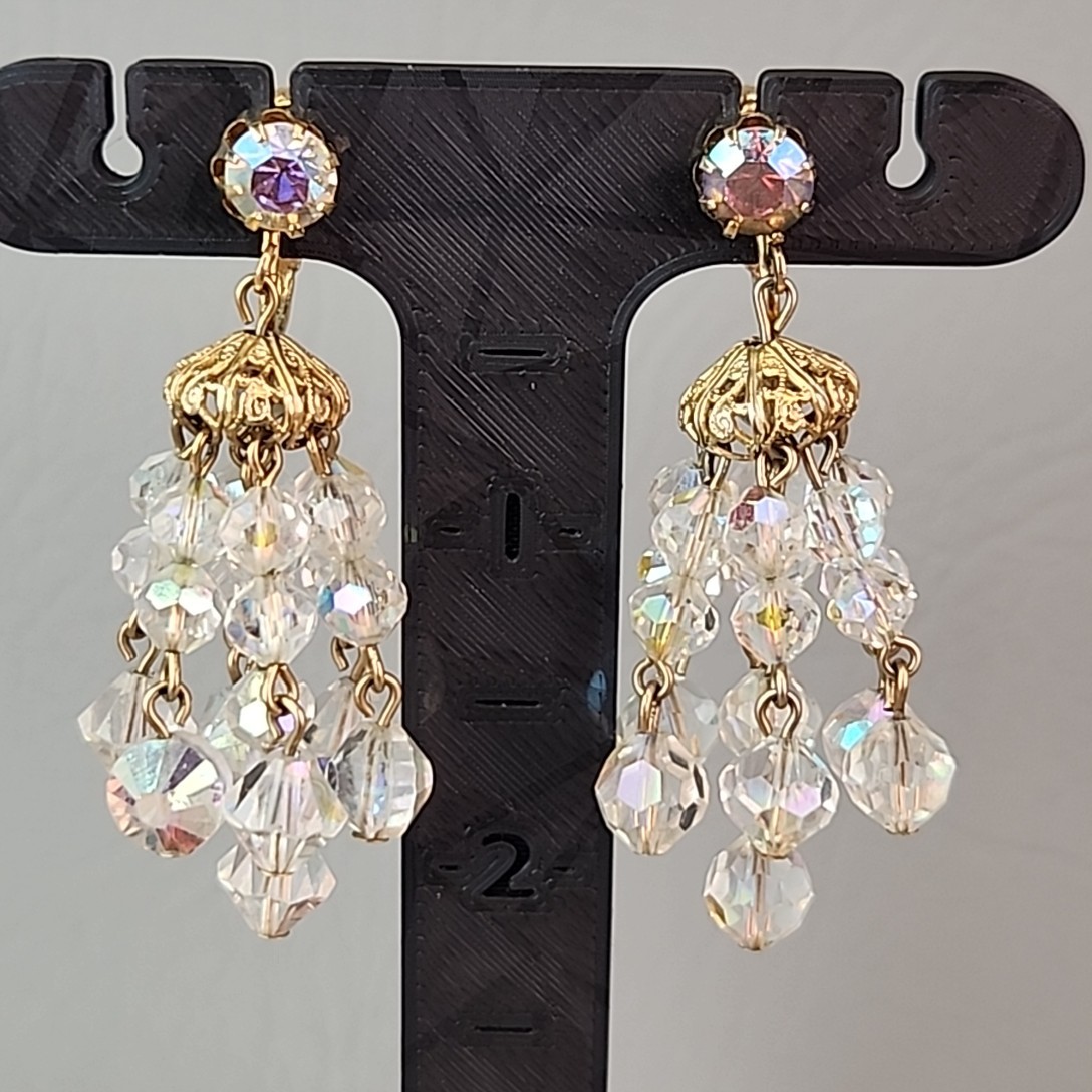 Vintage AB Glass Beaded Tassel Necklace Earrings Set Gold Tone Bar Links 26″