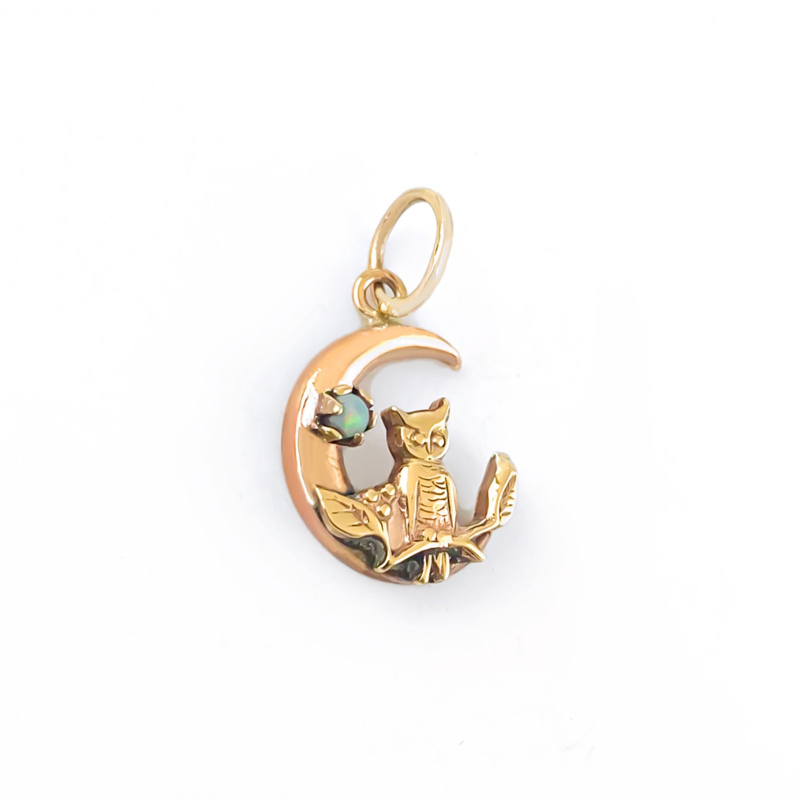 Victorian Owl and Opal Crescent Moon Pendant, Antique Gold Charm
