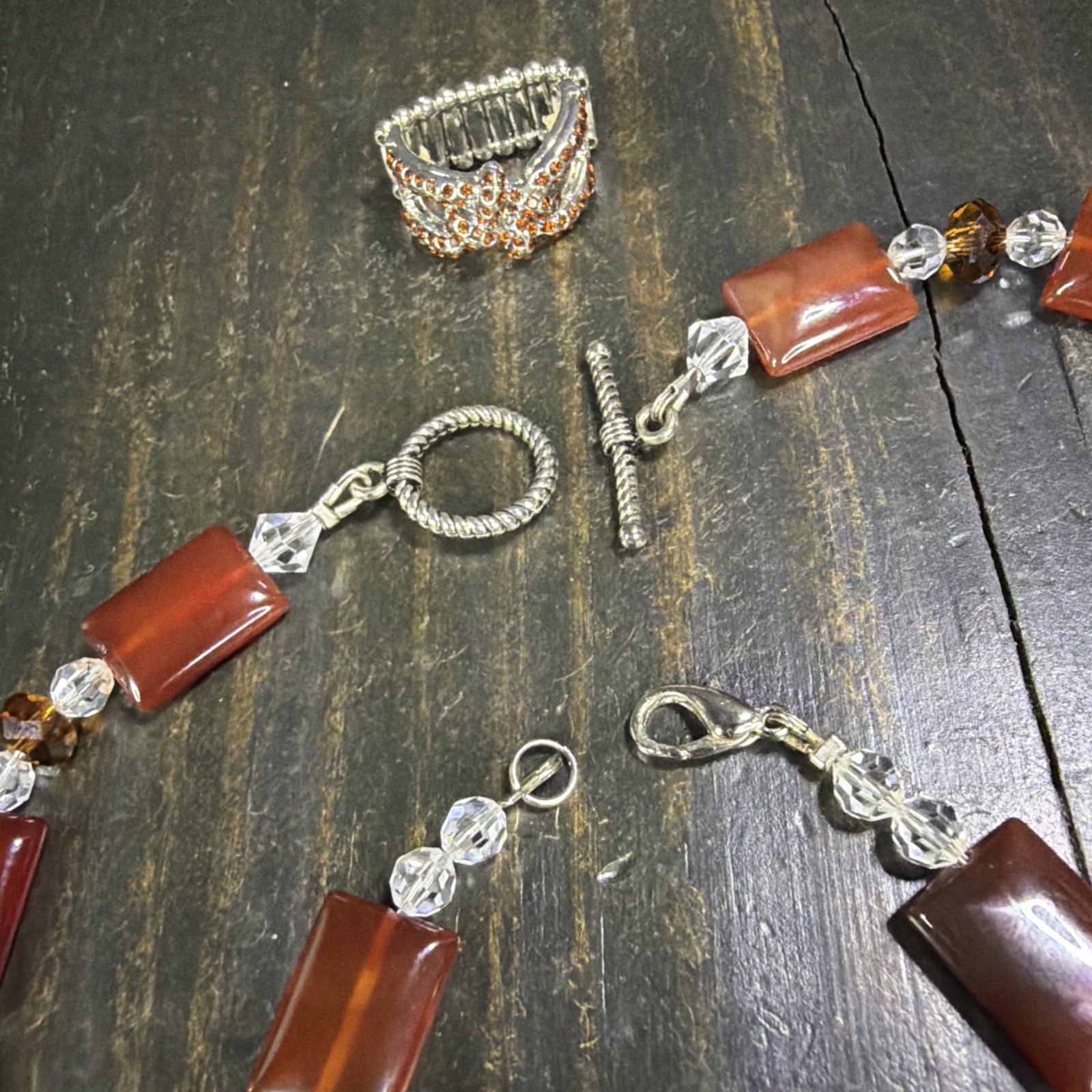 Carnelian Agate Beads w/ Clear, & Amber-Colored Spacers VTG Jewelry Set