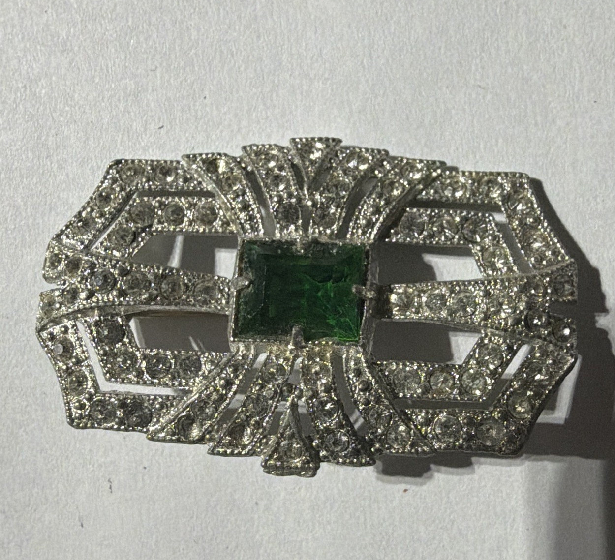 Art Deco Silver-Tone Geometric Brooch Pin w/ Green Square Center Stone