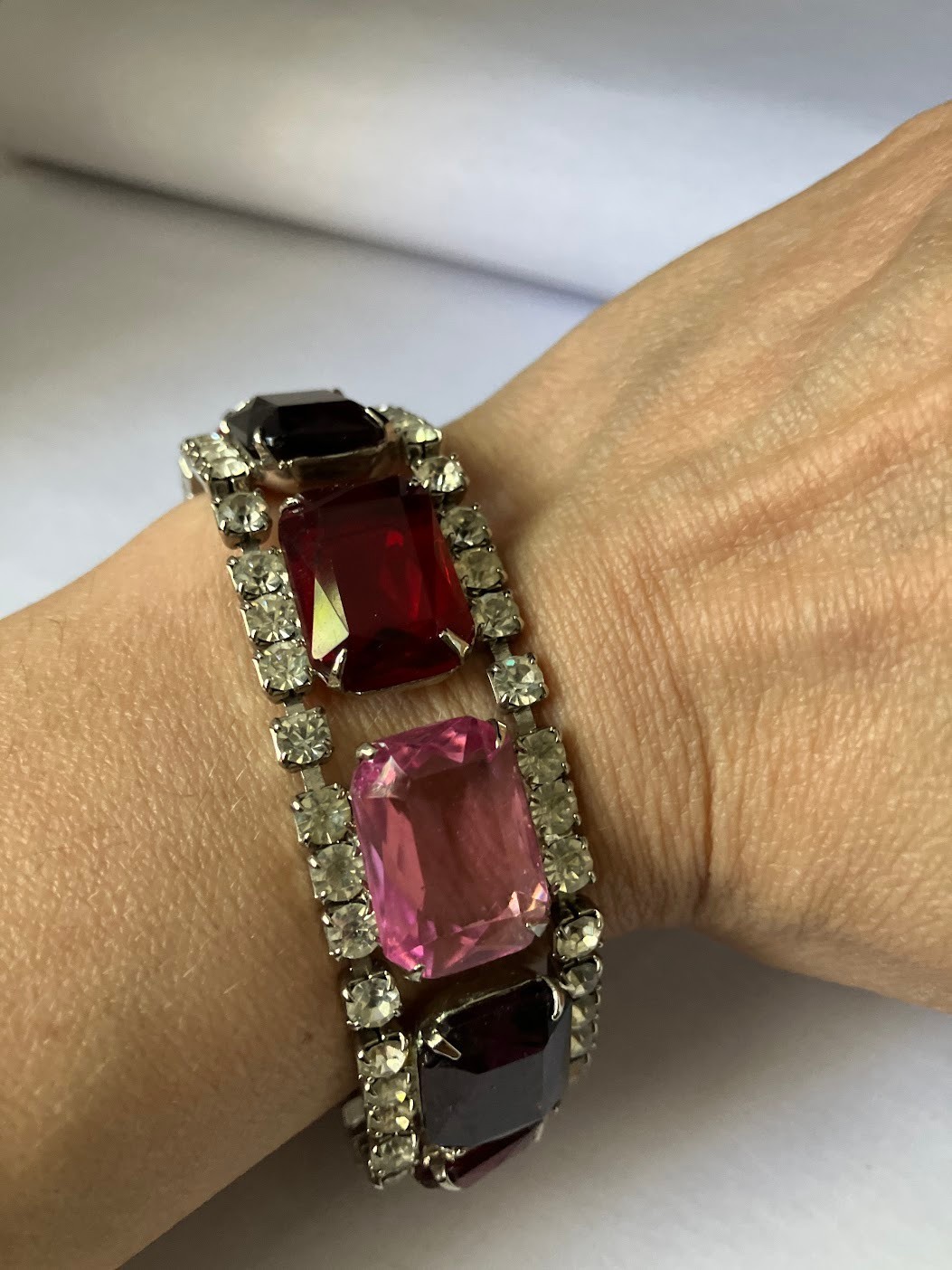 Vintage Rhinestone Panel Bracelet Square Cut Chunky Bling Purple Pink Red Clear