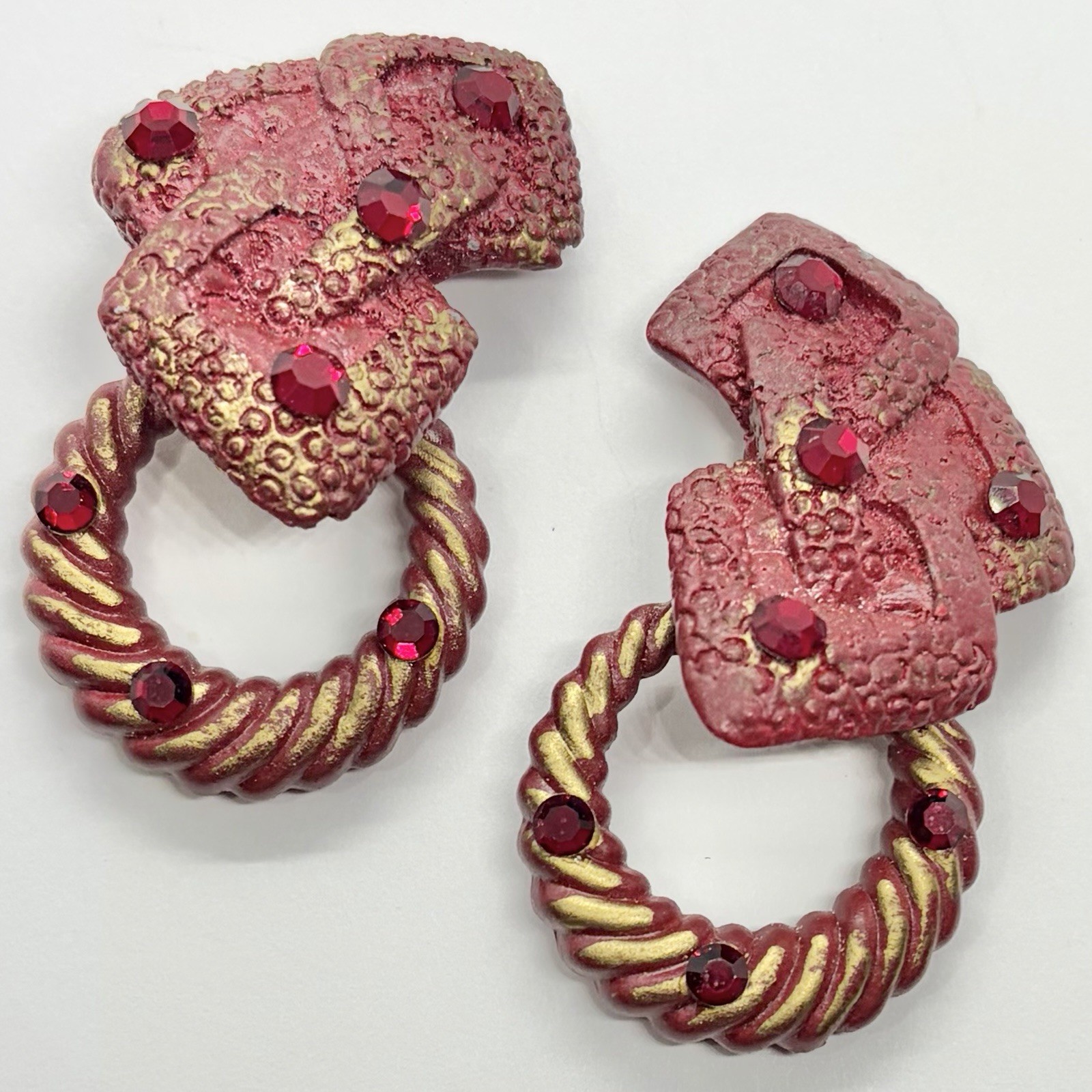 Vtg 80’s Designer Signed Red Gold Lucite Rhinestone Door Knocker Earrings Clip