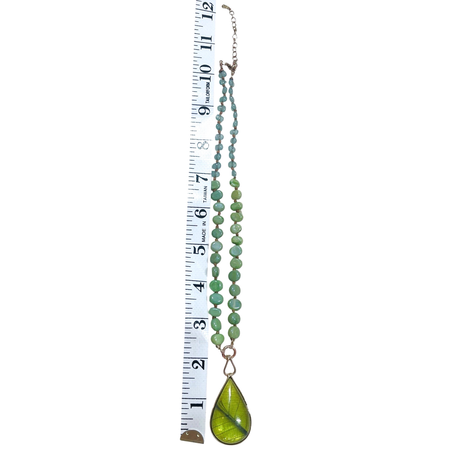 Vintage Monet Necklace Lucite Resin Leaf Pendant Faux Jade Beads Gold Tone Metal