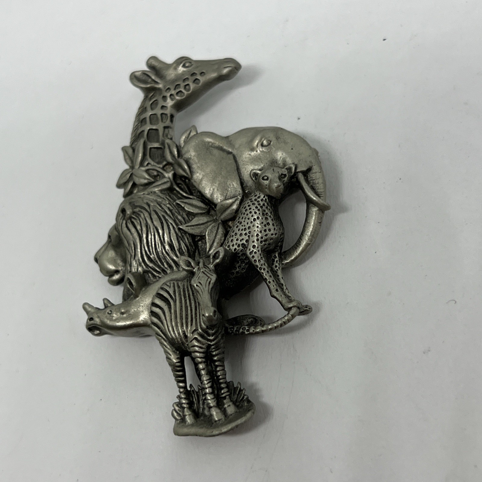 Animals Vintage Pewter Fable Brooch Pin Giraffe Zebra Lion Rhino Elephant Lion