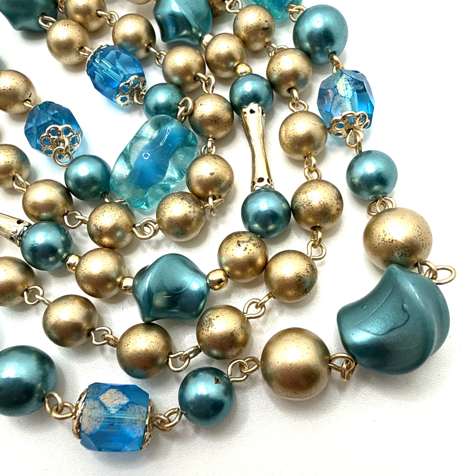 Vintage Japan Multi Strand Beaded Choker Necklace Blue Gold Mid Century 16″