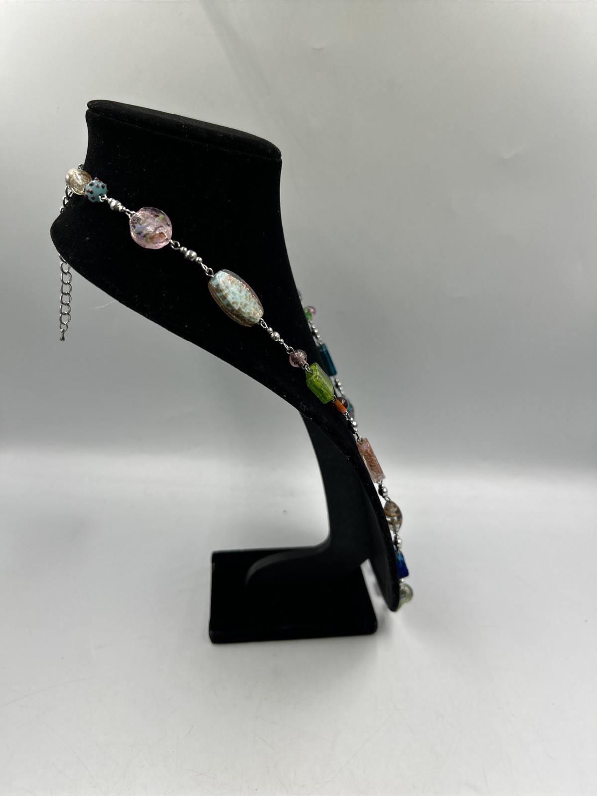 VTG Premier Design Art Glass Beaded Necklace Silver Tone Signed 30”w/2”