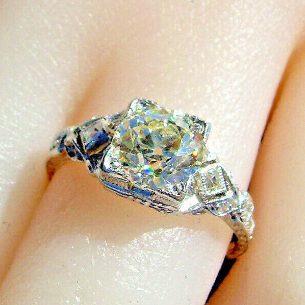 Original EARTH MINED DIAMOND Deco Engagement Ring 1.5 Antique Platinum Solitaire