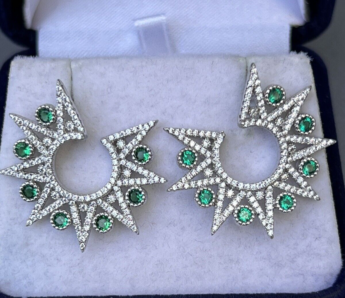 Vtg Sterling Star Point Statement Earrings, Emerald Green & Clear CZ Settings