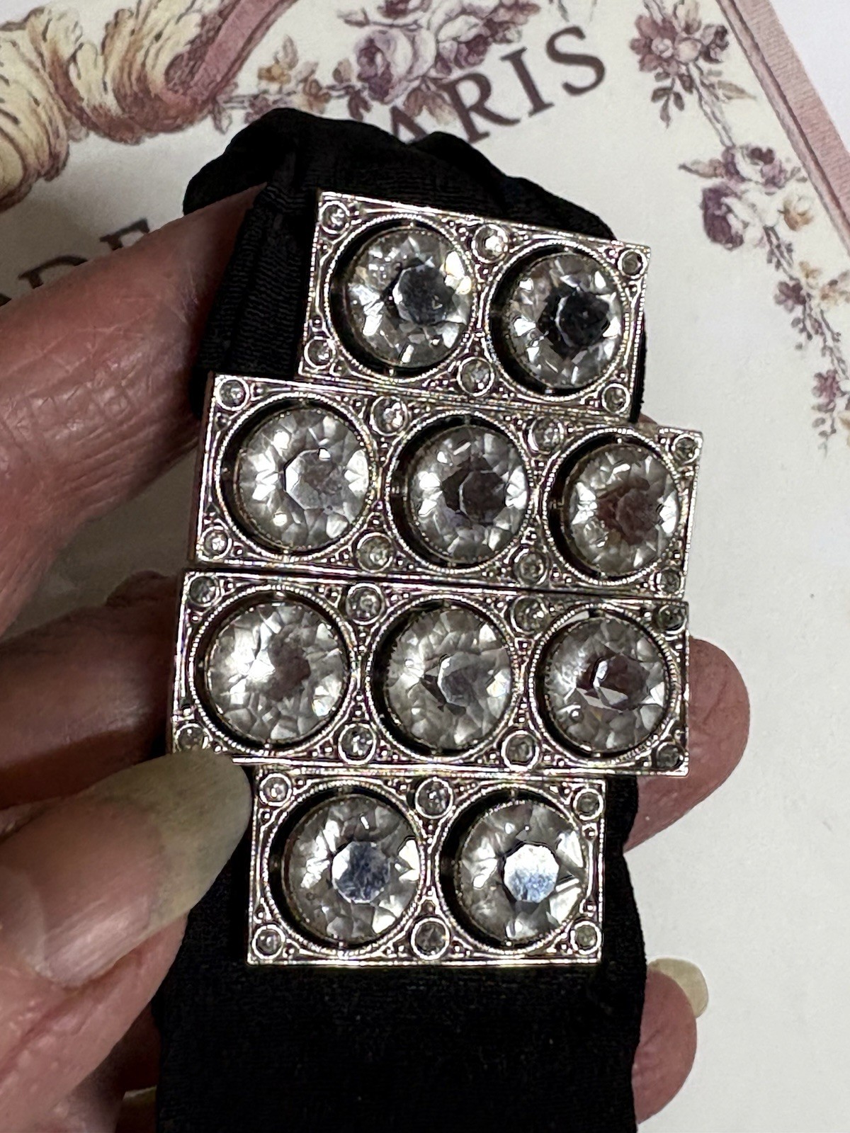 Antique Paste Crystal Silver Belt Buckle Black Crepe Sash Belt Hallmarked Czech