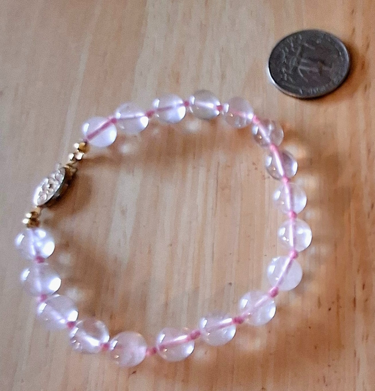 Vintage Jewelry Hand Knotted Rose Quartz Round Beads Bracelet Fishhook Clasp