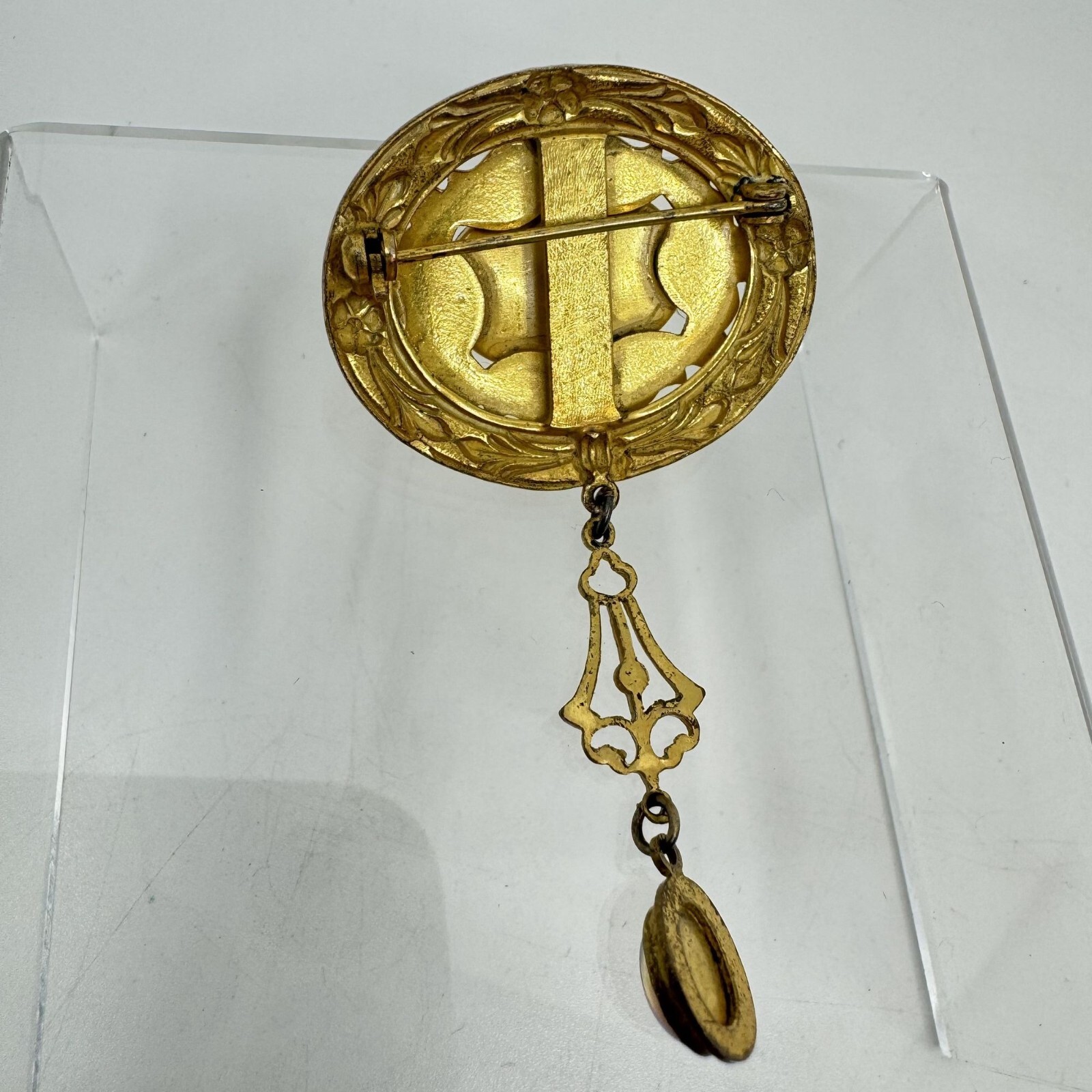 Victorian Revival Czech Foiled Opal Glass Brooch Oval Gold Tone With Dangle 2.5″