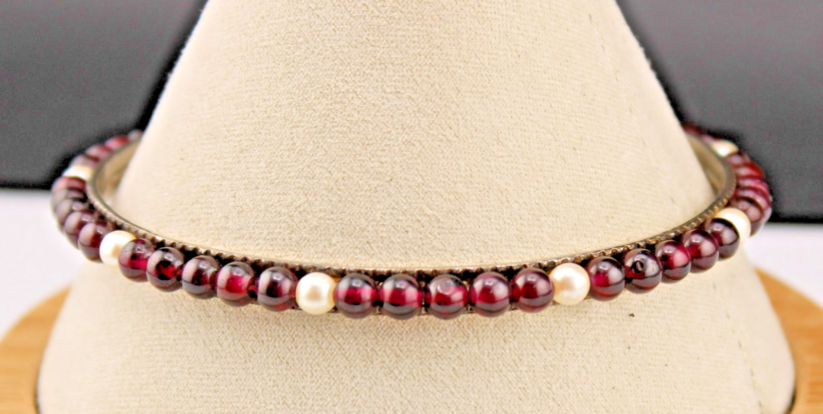 Elegant Vintage Garnet 🫧Pearl Bead Bangle Bracelet 7″ Med Silver Plated