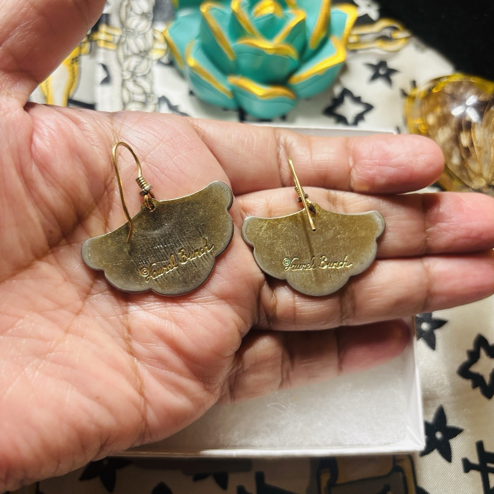 Vintage Laurel Burch Enamel Fan Earrings Gold Tone Signed 3.5cm