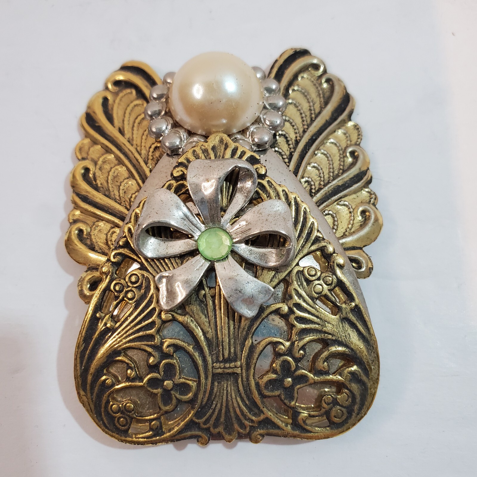 Vtg Jane Davis Angel Of Love Faux Pearl Rhinestone Ribbon Mixed Metal Brooch Pin