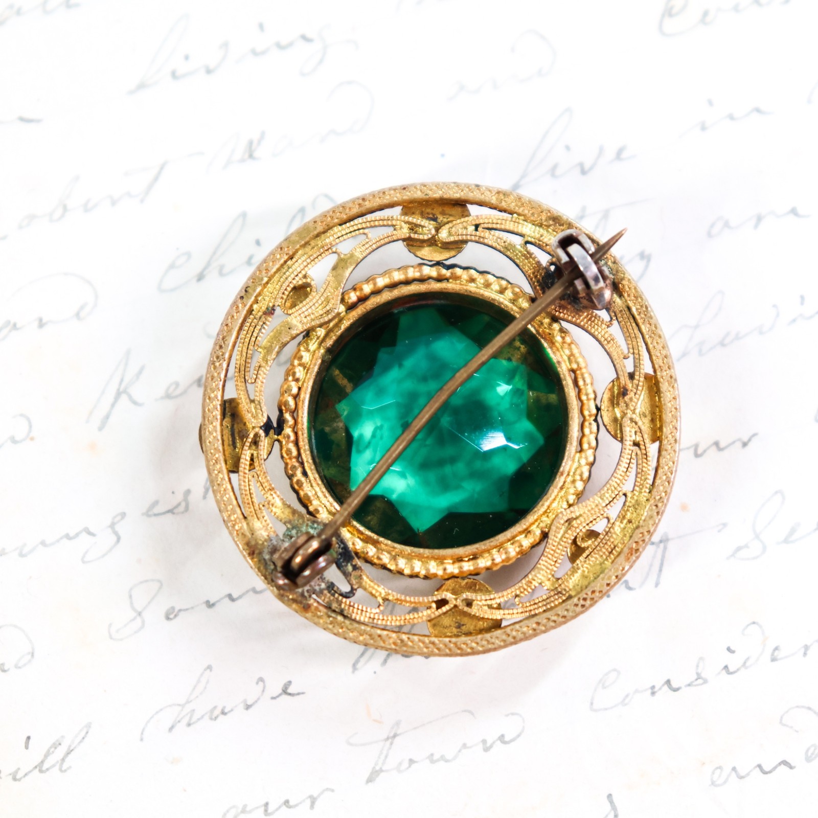 Antique Bohemian Czech Faceted Glass Emerald Green Brooch Pin Gorgeous Round